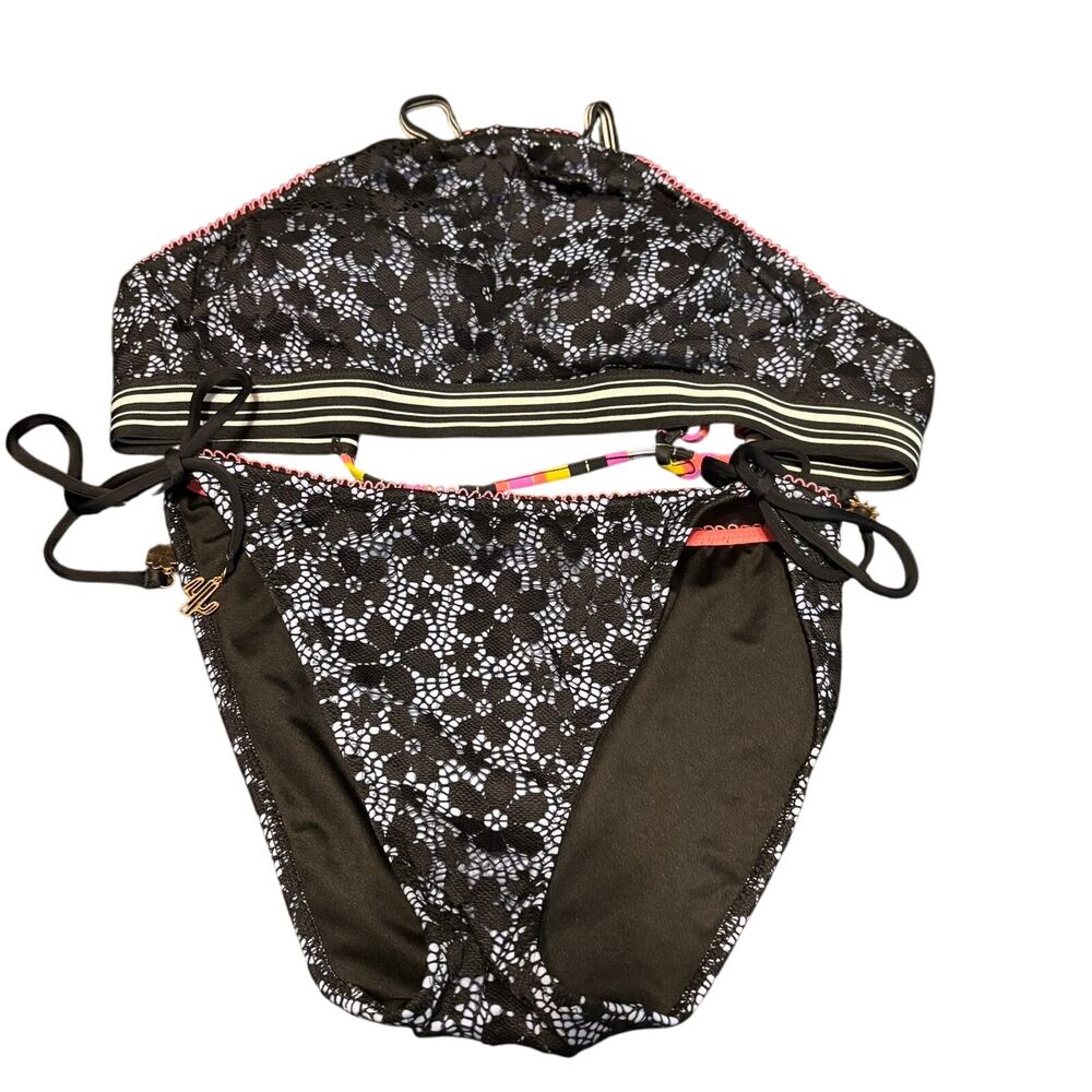 Victoria’s Secret Bikini Blue Black Lace Overlay Bandeau Bikini Top M Bottoms L